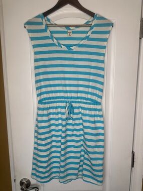 Old Navy Aqua and White Striped Sleeveless Drawstring Dress